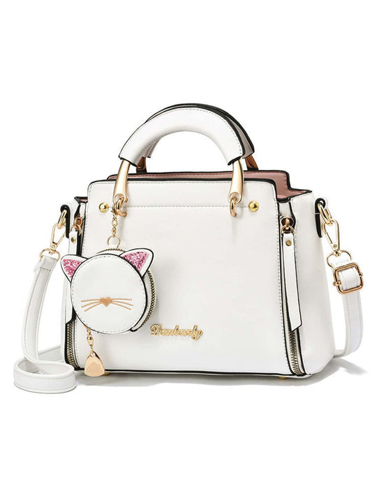 Cute Letter Detail Handbag, Simple Double Handle Purse, Trendy Zipper Shoulder Bag With Adjustable Strap