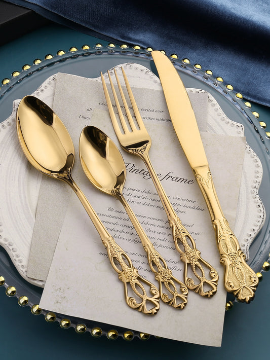 4pcs Hollow Stainless Steel Cutlery, European Palace Style Gold Flatware Set For Dining