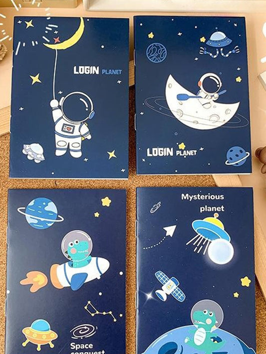 4pcs/set Cartoon Astronaut Themed Cute Notebooks, Portable Mini Pocket Diary For Stationery Gift