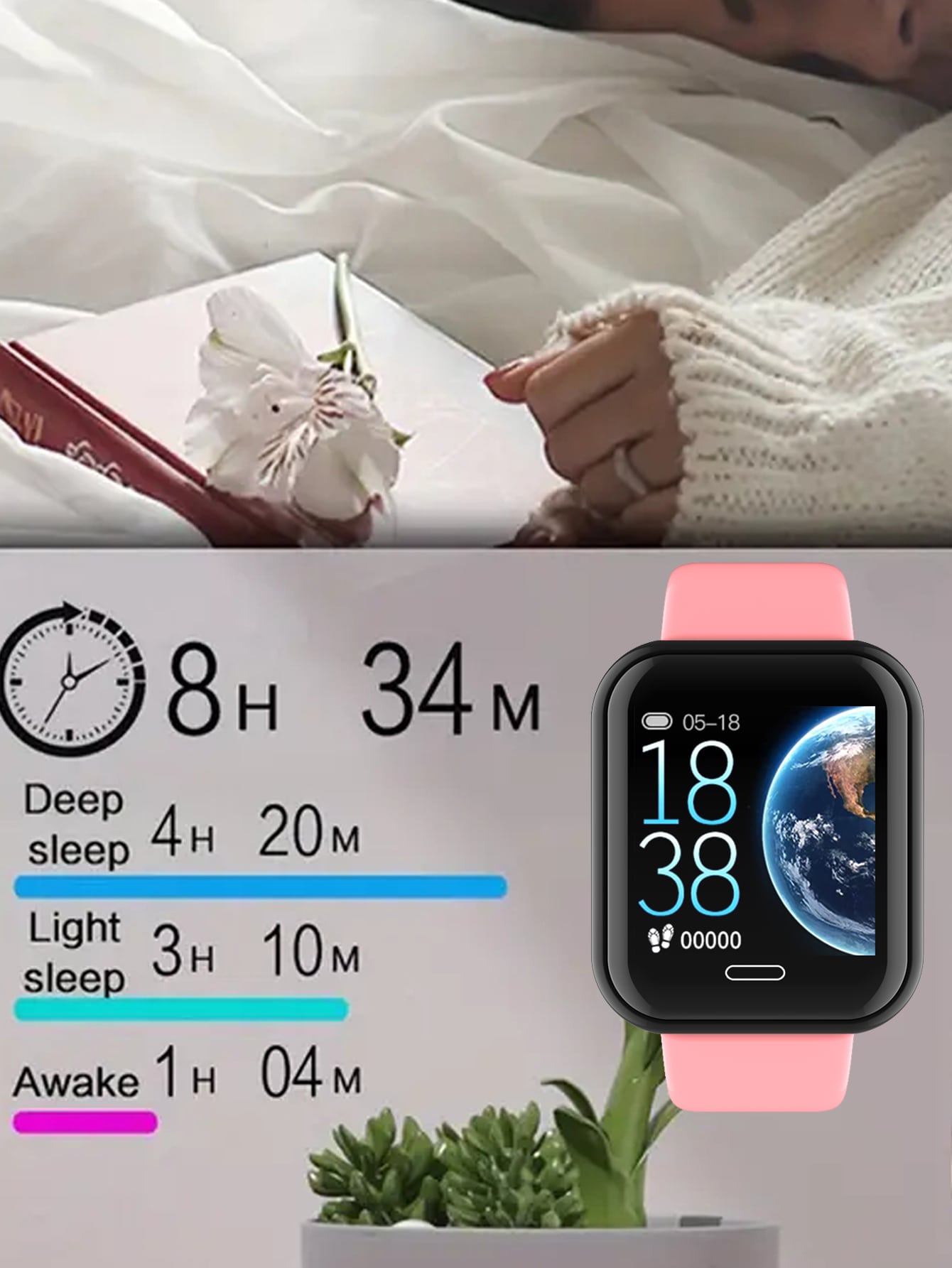 Fashionable Black Case, Pink Plastic Strap Smart Watch