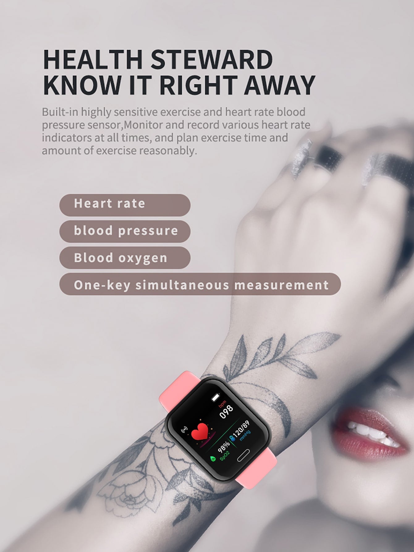 Fashionable Black Case, Pink Plastic Strap Smart Watch