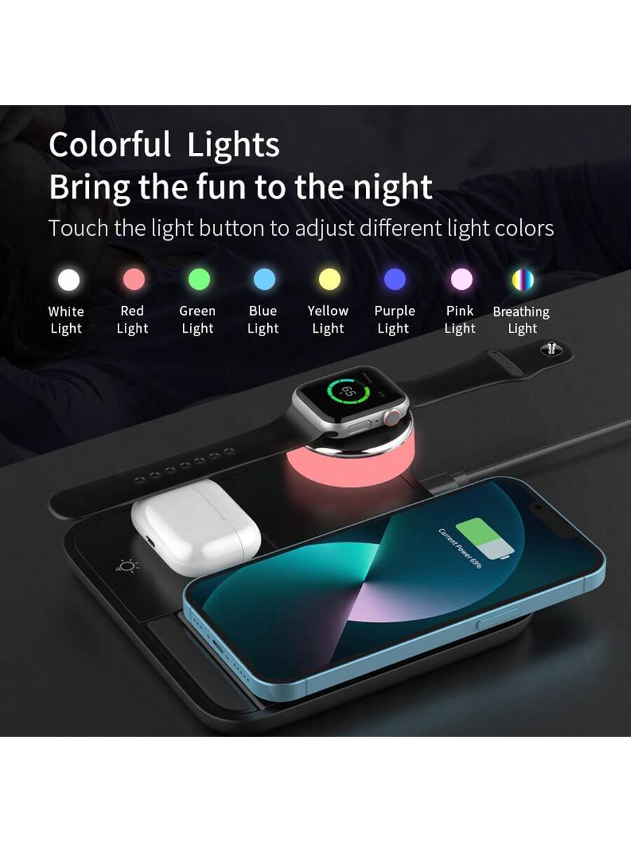 1pc Black 3-in-1 Wireless Charger (15w Fast Charge) With Foldable Multicolor Atmosphere Lamp For Mobile Phone, Smart Watch, Earphones