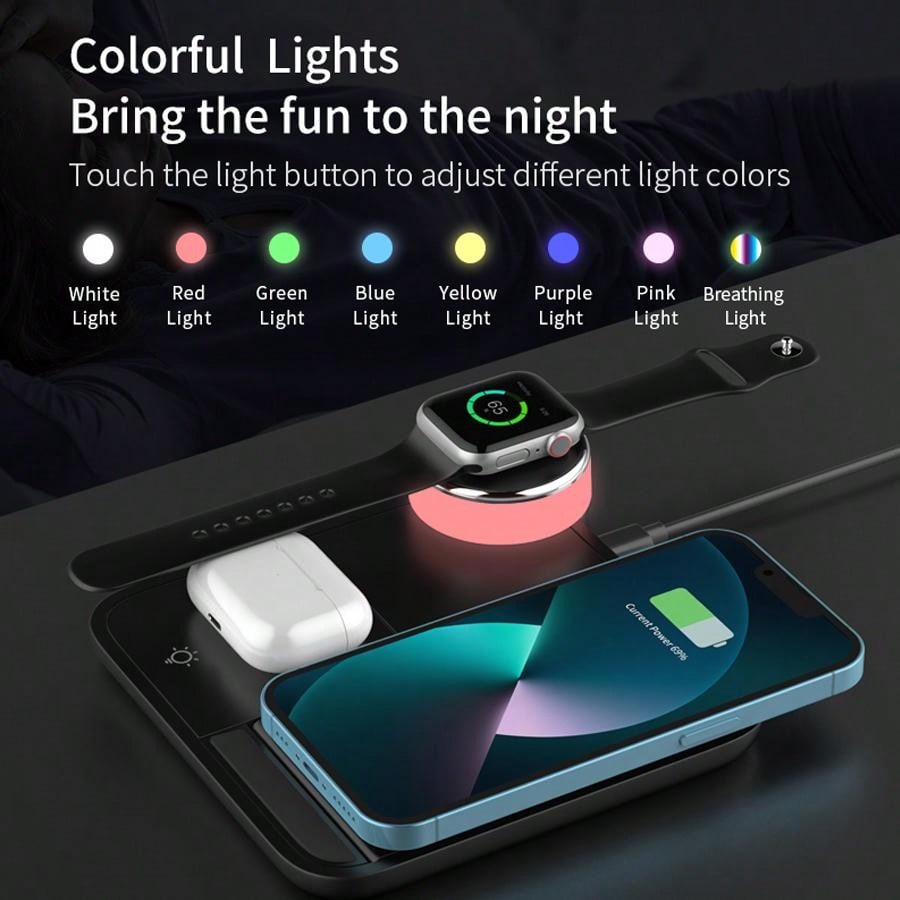 1pc Black 3-in-1 Wireless Charger (15w Fast Charge) With Foldable Multicolor Atmosphere Lamp For Mobile Phone, Smart Watch, Earphones