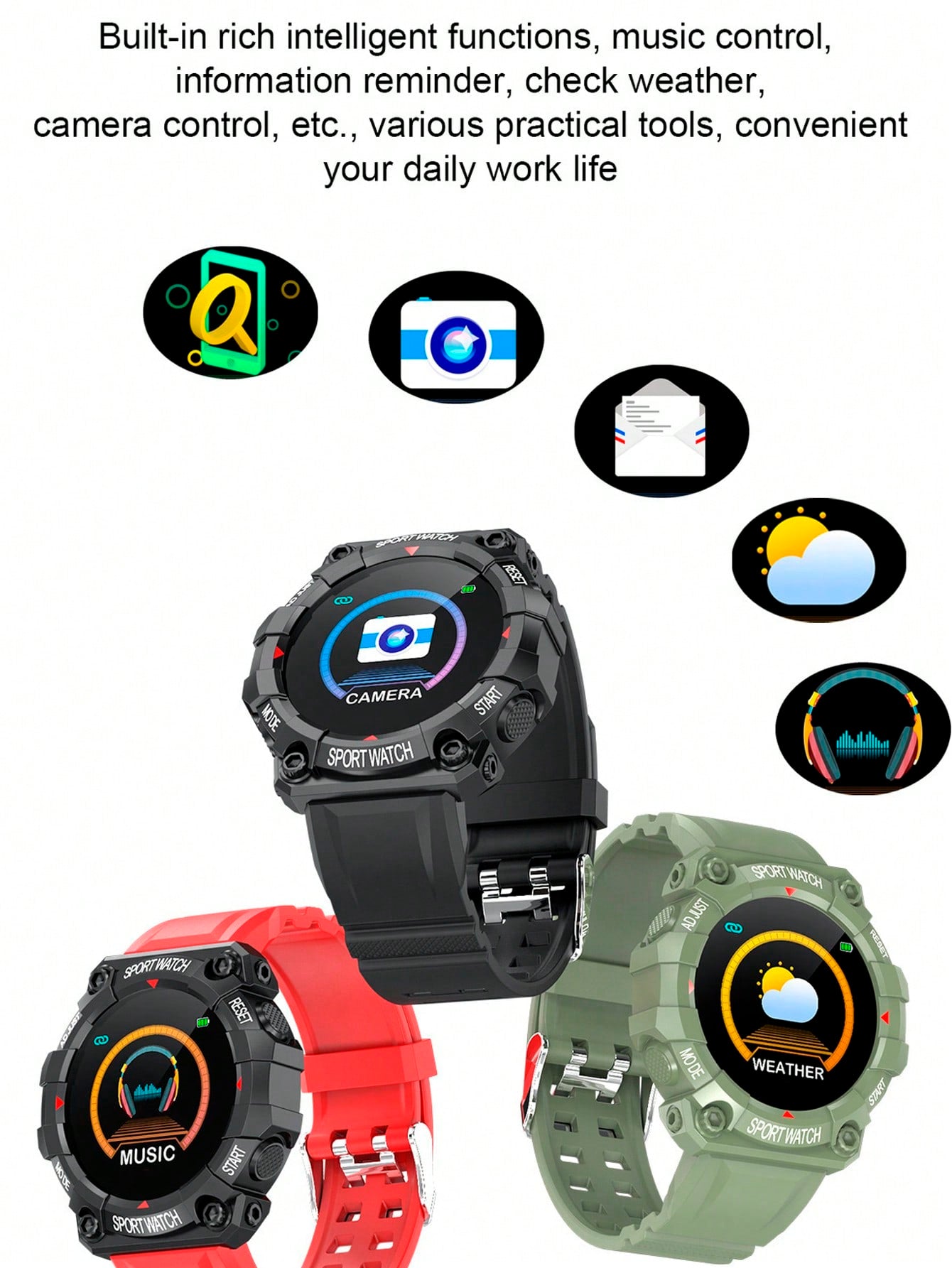 Compatible With Android & Ios Systems. Multifunctional Smartwatch With Touch Screen, Silicone Strap, Multiple Sports Modes, Camera Control, Social Media Notifications, Heart Rate & Sleep Monitor.