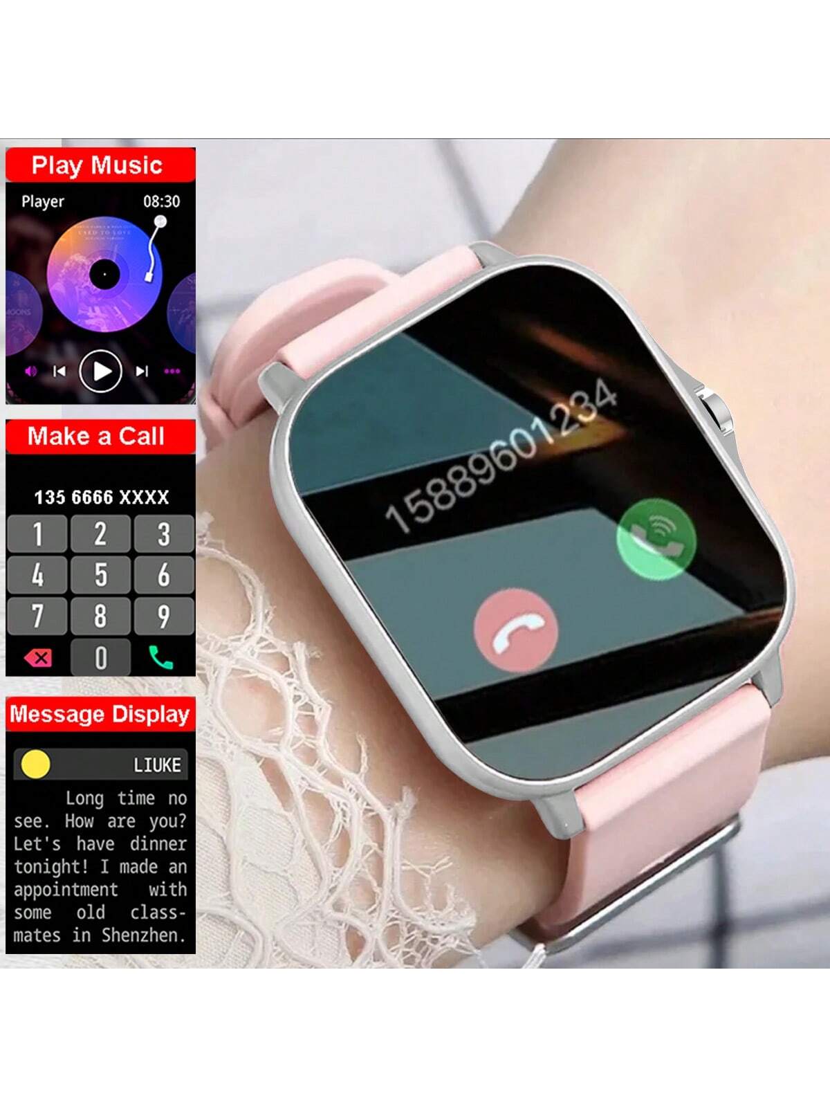1pc Women's Silicone Strap Sports Square Full Screen Touch Smart Watch With Heart Rate Monitoring, Phone Call, Music Playing Functions