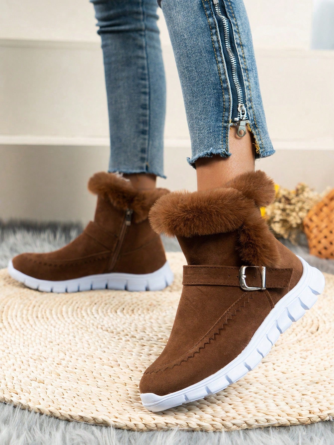 Buckle Decor Zipper Side Teddy Lined Shoes For Women, Winter Thermal Insulated Snow Boots