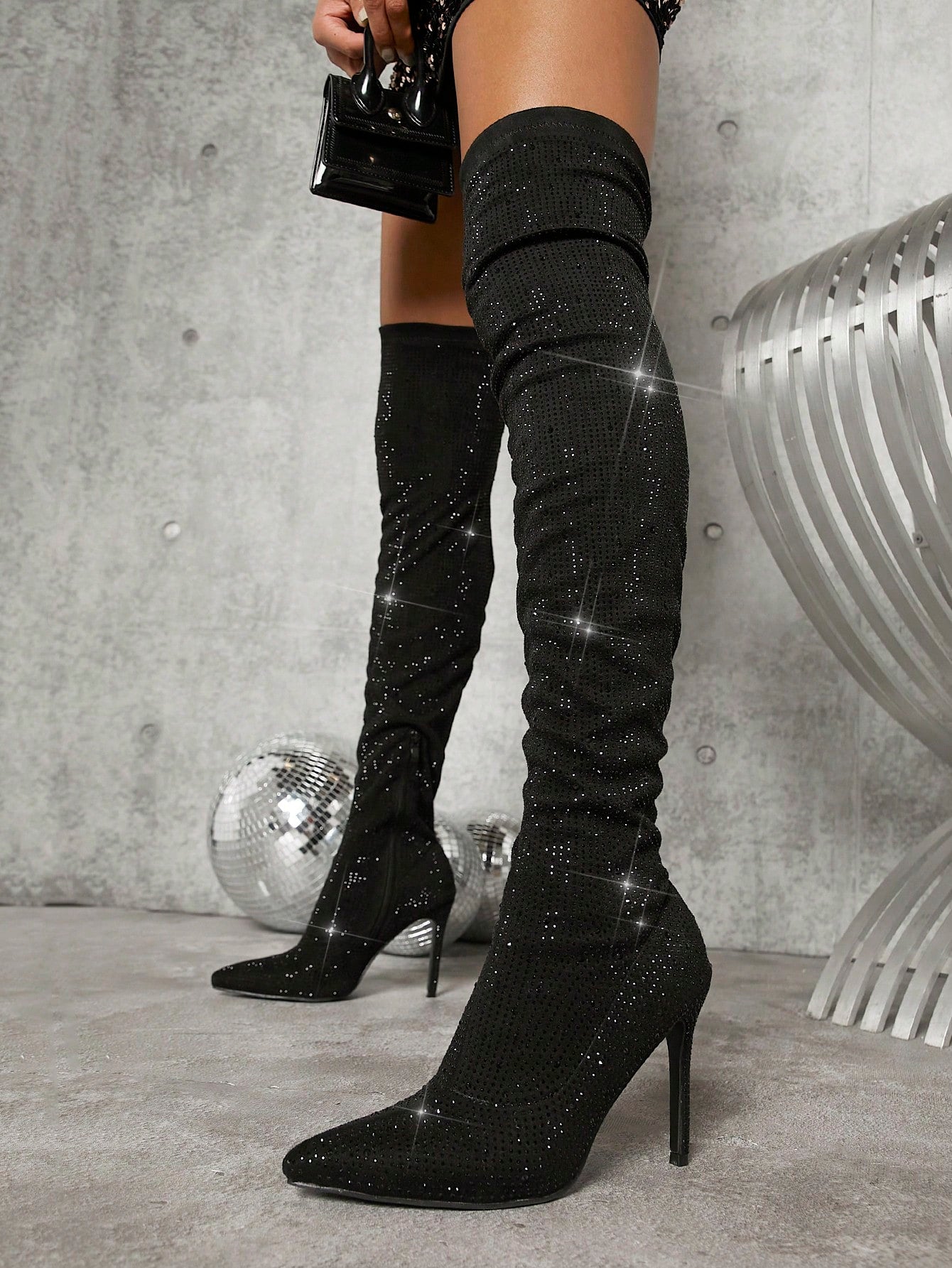 Faux Leather Over-the-Knee Rhinestone Detail Boots