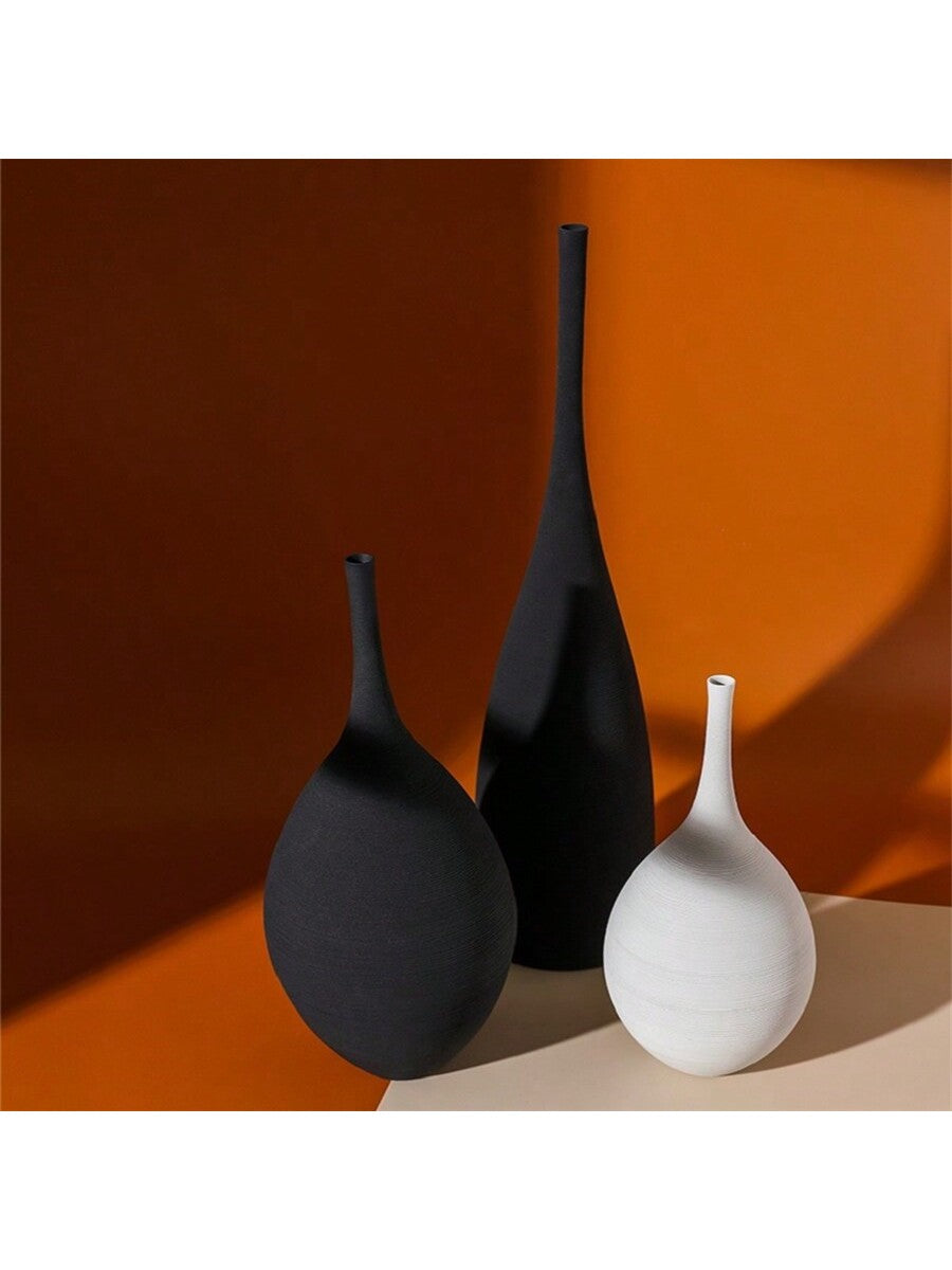 1pc, Creative Ceramic Black Handmade Textured Ceramic Vase