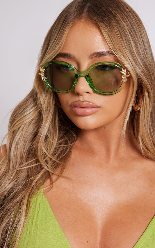Green Crystal Frame Palm Detail Round Sunglasses
