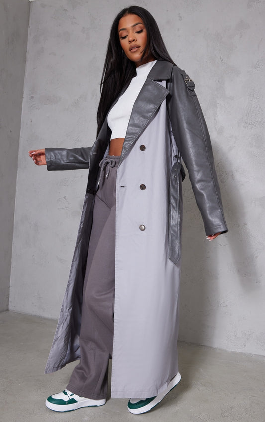 Tall Charcoal Grey Pu Contrast Trench Coat