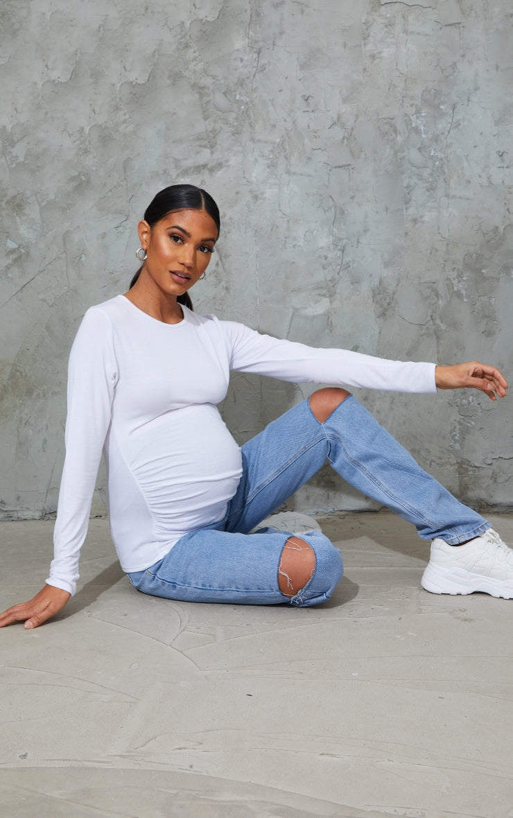 Maternity White Basic Long Sleeve Fitted Top
