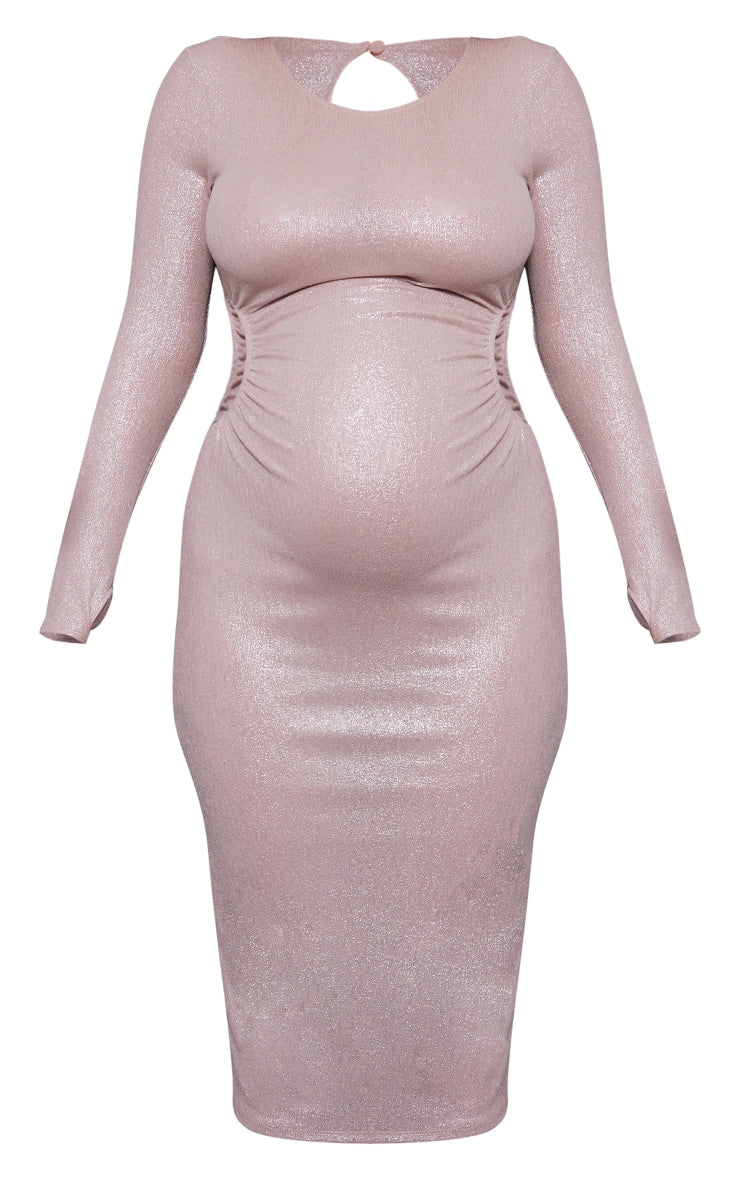 Maternity Pink Metallic Cut Out Ruched Midi Dress