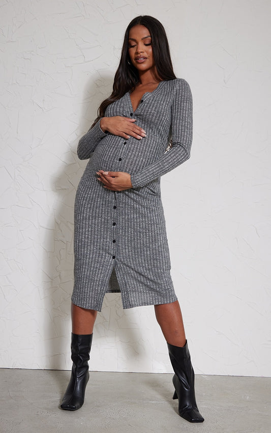 Maternity Dark Grey  Fitted Soft Rib Midi Longsleeve Dress