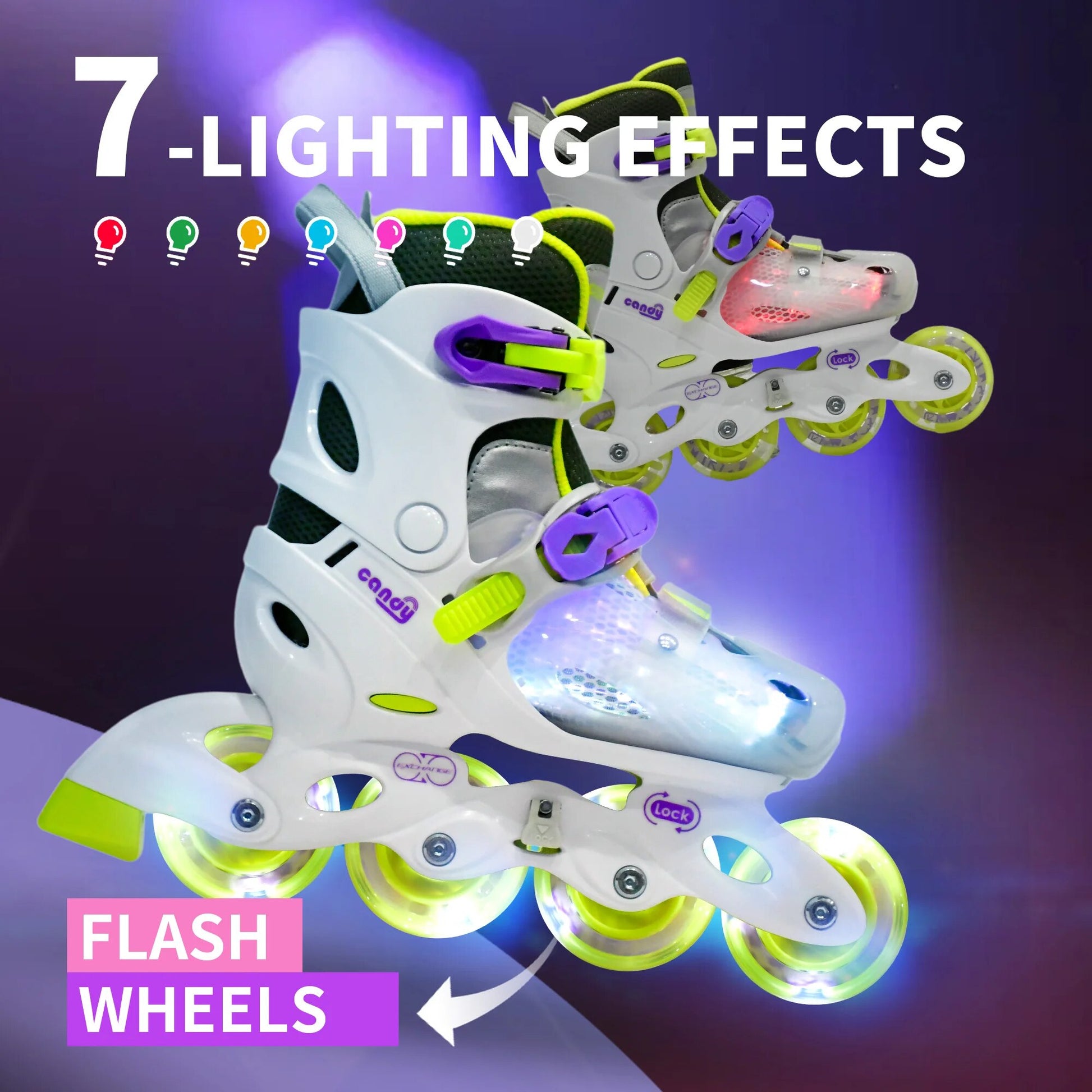 Adjustable Flash Kids Skates,Firefly Fiber LED Inner,82A Flash Wheels,Locking System,ABEC 7 For 6-12 years old