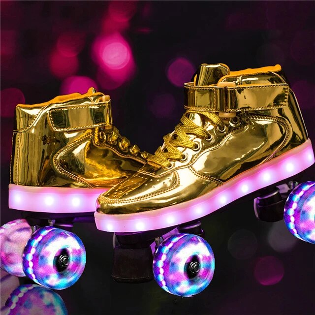 Led Rechargeable Flash Shoes Double Row 4 Wheel Roller Skates Outdoor Men Women