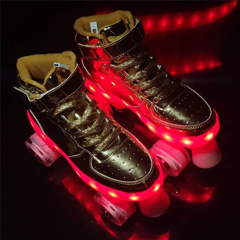 Led Rechargeable Flash Shoes Double Row 4 Wheel Roller Skates Outdoor Men Women