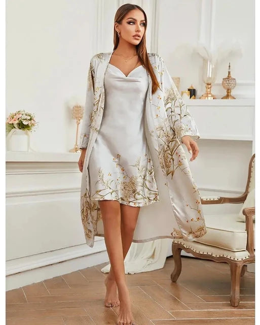 Silk Print Twinset Robe Suit Women's Satin Chemise Nightgown  Set