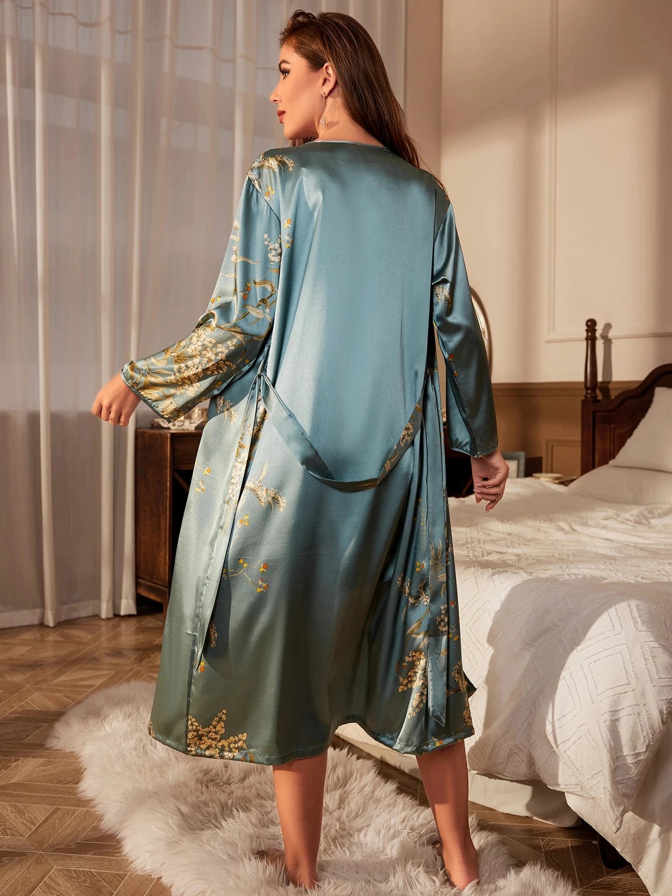 Silk Print Twinset Robe Suit Women's Satin Chemise Nightgown  Set