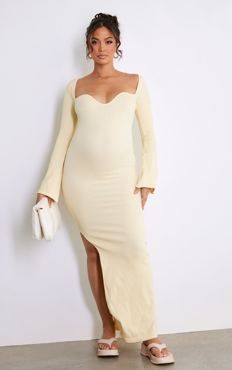 Maternity Cream Long Sleeve Contour Rib Dress