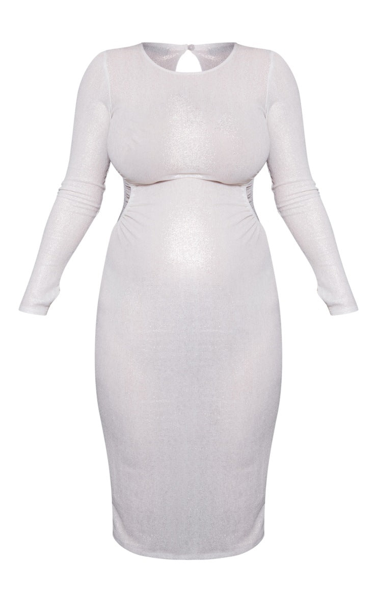 Maternity Pink Metallic Cut Out Ruched Midi Dress