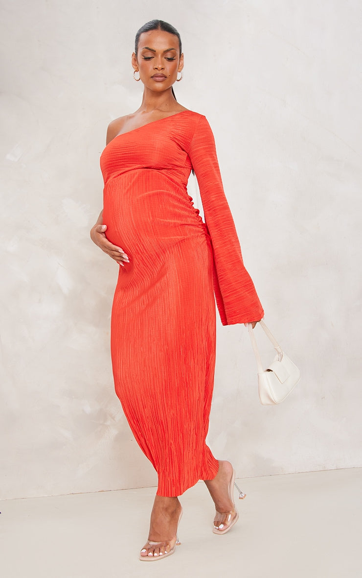Maternity Red One Shoulder Plisse Midaxi Dress