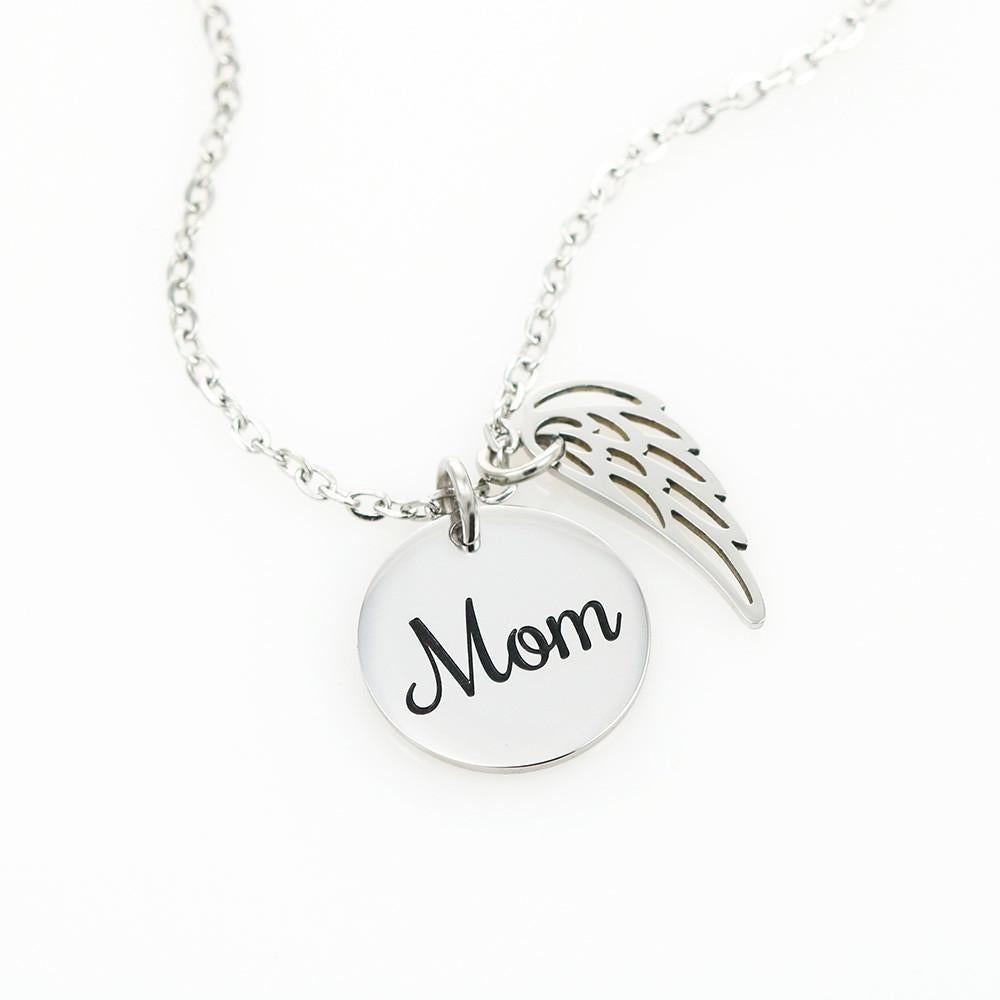 18K White Gold Plated Wings of an Angel MOM Disc Pendant Necklace