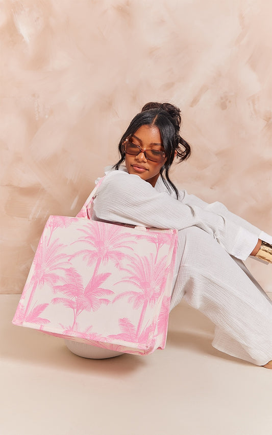 Baby Pink Palm Print Canvas Tote Bag